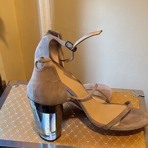 Stuart Weitzman Taupe Suede Ankle-Strap Sandals with Mirrored Block Heel